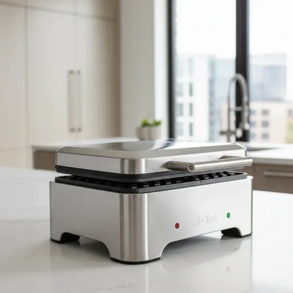 All-Clad waffle maker with polished stainless steel exterior, heavy-duty construction, sleek, industrial design on a kitchen counter.