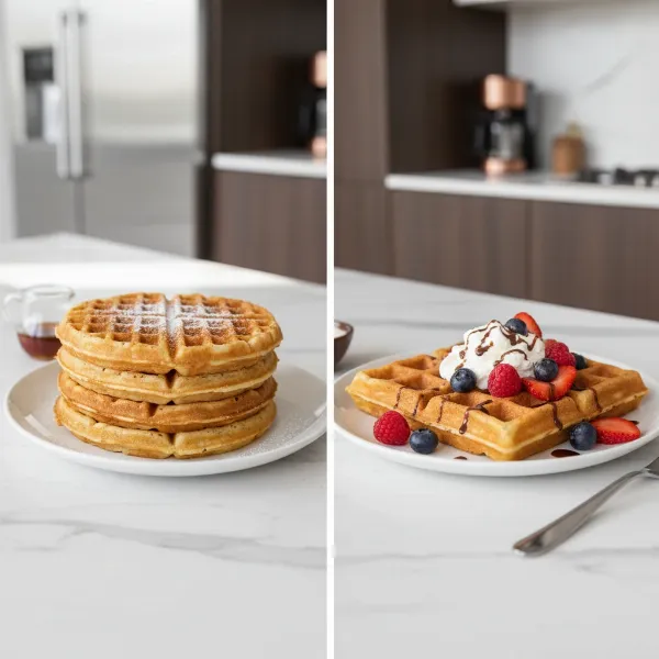 Side-by-side comparison of thin American waffles and thick, deep-pocket Belgian waffles.