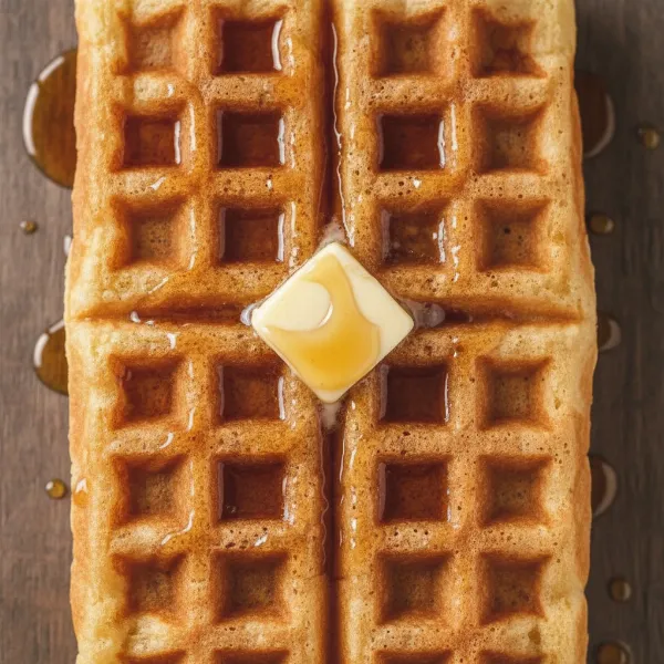 A thin, shallow pocket American waffle with melted butter and golden maple syrup.