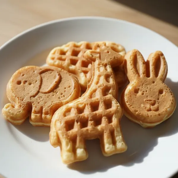 Three golden-brown mini animal-shaped waffles (elephant, giraffe, bunny) on a white plate.