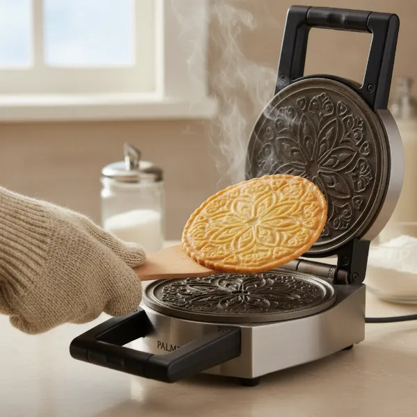 Hands carefully removing a freshly baked, intricately patterned pizzelle from a hot Palmer iron