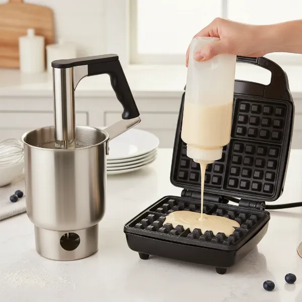 Controlled batter dispenser ensures mess-free, precise pouring for uniformly sized and cooked waffles.