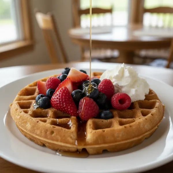 Delicious golden Belgian waffle with fresh berries, whipped cream, and maple syrup, elegantly presented.