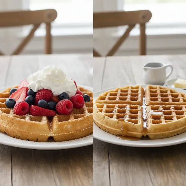Side-by-side comparison of thick Belgian waffle and thin classic waffle.
