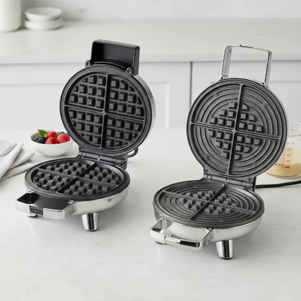 Side-by-side comparison of a Belgian waffle maker and a classic American waffle maker.
