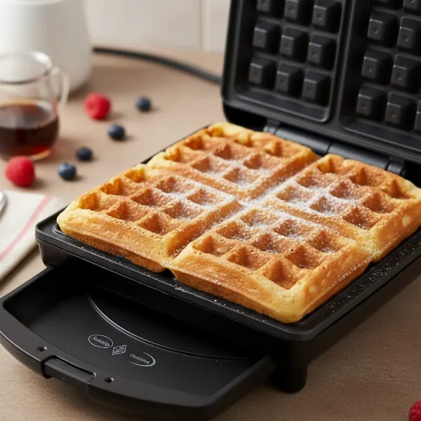Freshly cooked golden-brown Belgian waffle on non-stick plates, with a visible drip tray.