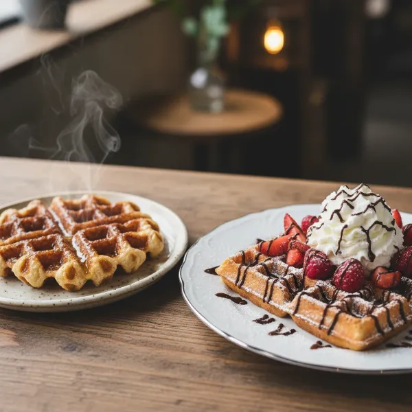 Liege waffle served plain and Brussels waffle topped with fruits and whipped cream.
