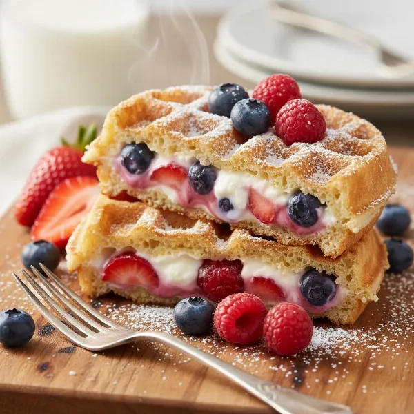 A cut-open stuffed waffle revealing a creamy berry and cream cheese filling.