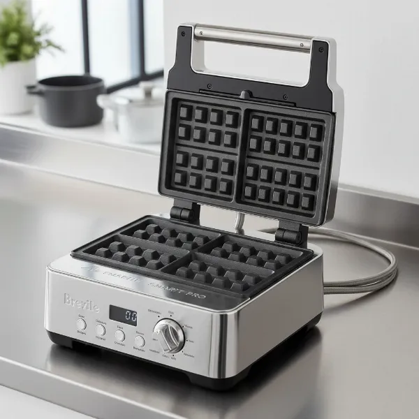 Breville Smart Waffle Pro opened, showcasing its stainless steel finish and non-stick cooking plates.