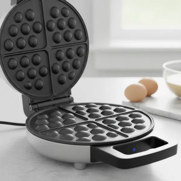 Open bubble waffle maker showing non-stick plates with deep spherical cavities for authentic waffles.