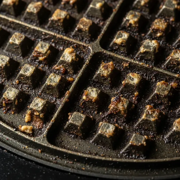 Close-up of waffle maker grids with burnt sugar and stuck batter