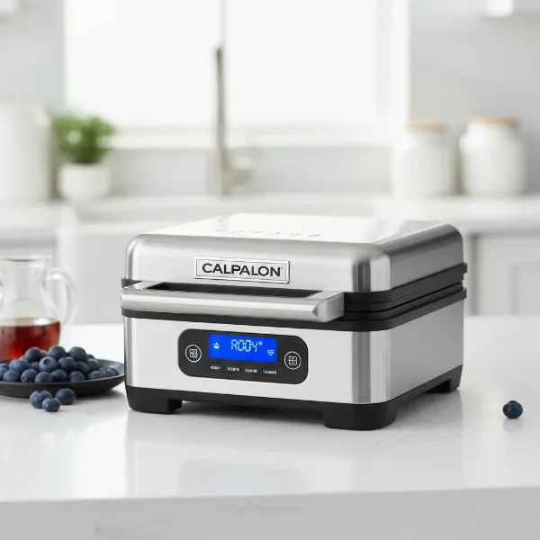 A silver and black Calphalon IntelliCrisp Waffle Maker with digital display on a kitchen counter.