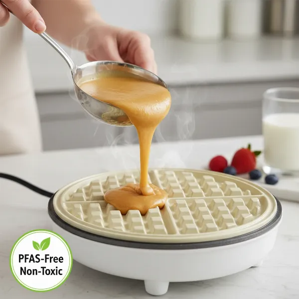 Close-up of a ceramic waffle maker plate with a "PFAS-Free" label, emphasizing safe cooking.
