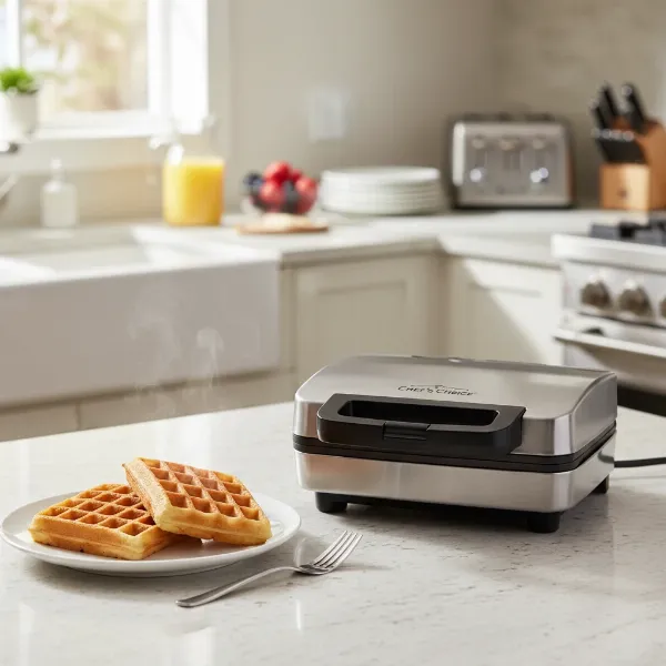 Chef's Choice WafflePro Express M840 model making two golden-brown waffles on a kitchen counter.
