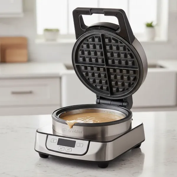 Chefman Anti-Overflow Belgian Waffle Maker showing its unique spill-proof moat system.