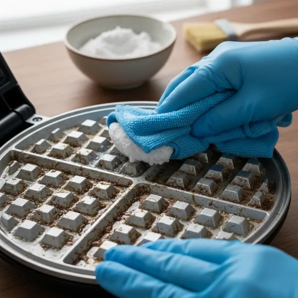 Hands gently cleaning waffle maker grids with a baking soda paste