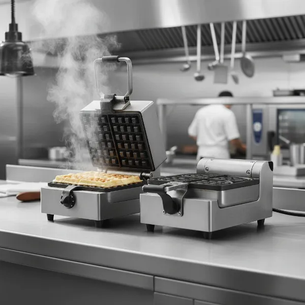 Various commercial waffle makers for hospitality, showcasing different types and robust features.