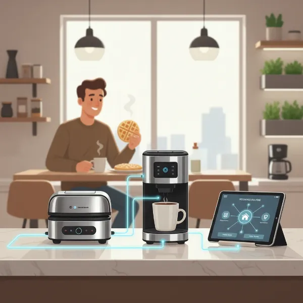 Integrated smart kitchen appliances collaborating for a seamless breakfast experience.