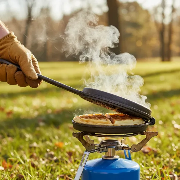 Person using a cast iron waffle maker on a portable camp stove to cook crispy waffles.