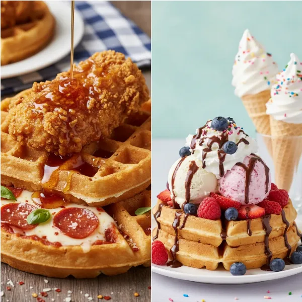 variety of creative waffle dishes, both savory and sweet options
