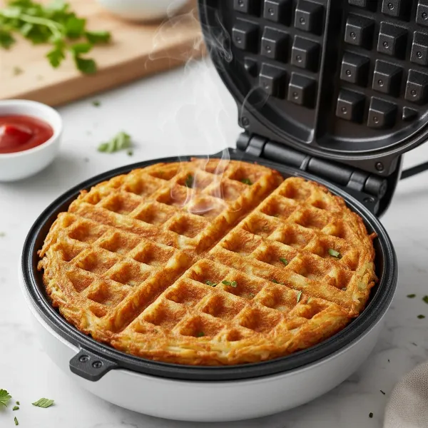 Golden, crispy hash brown waffle in a waffle maker, perfectly cooked, ready to be served.