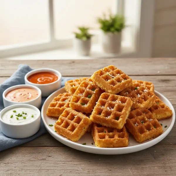 Crispy waffle mac and cheese bites on a plate with various dipping sauces, ready to eat.