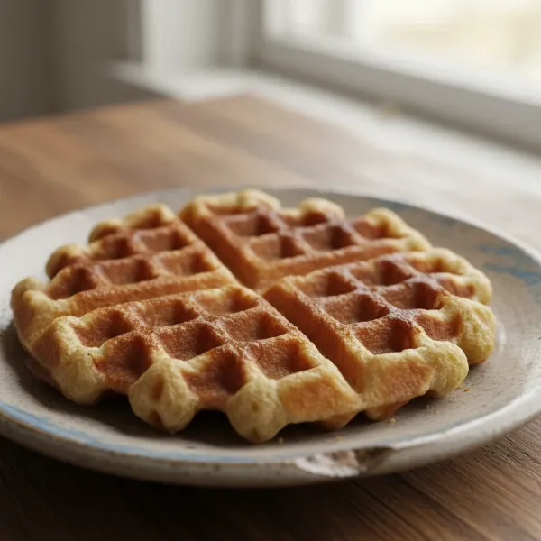 Close-up of a perfectly cooked, crispy waffle with deep pockets, likely from a stovetop iron.