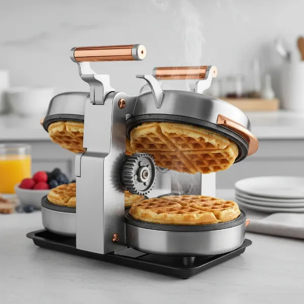 A Crux Double Rotating Belgian Waffle Maker producing two golden, crispy Belgian waffles.