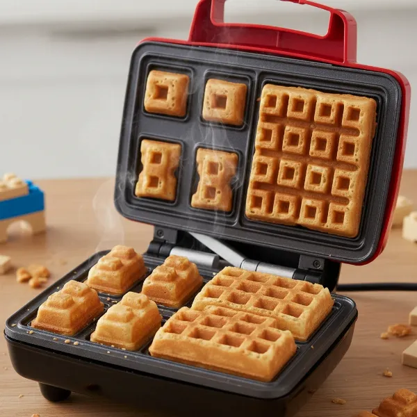 CucinaPro Building Brick Waffle Maker producing various interlocking waffle brick shapes (single, double, quadruple).