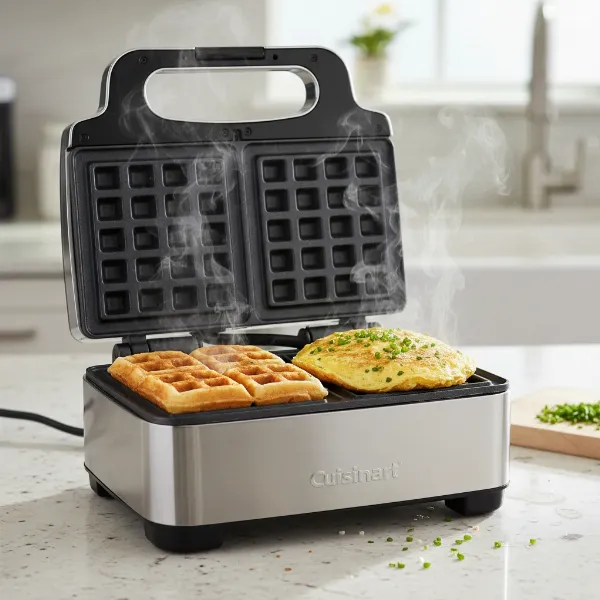 Cuisinart Breakfast Central appliance making a Belgian waffle and an omelet simultaneously.
