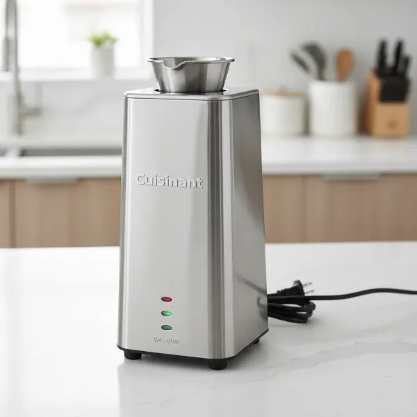 Cuisinart Vertical Waffle Maker, upright design, unique pouring spout, space-saving kitchen appliance.