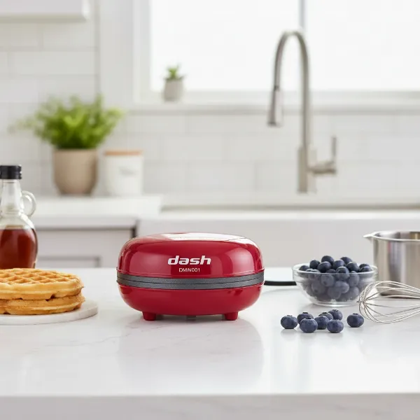 A compact Dash Mini Waffle Maker sitting on a modern kitchen counter