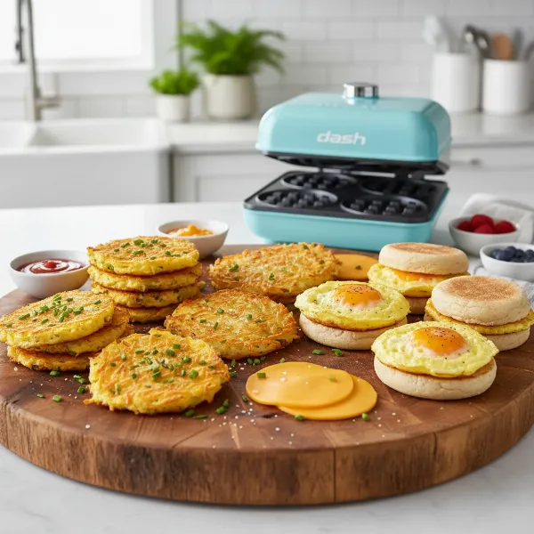 Assortment of mini chaffles, hash browns, and small sandwiches made with the Dash Multi-Mini Waffle Maker.