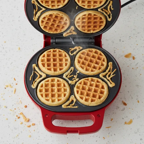Close-up of Dash Multi-Mini Waffle Maker cooking four waffles with visible batter in overflow channel.