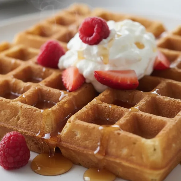 A close-up of a thick Belgian waffle with deep pockets filled generously with maple syrup and fresh berries.