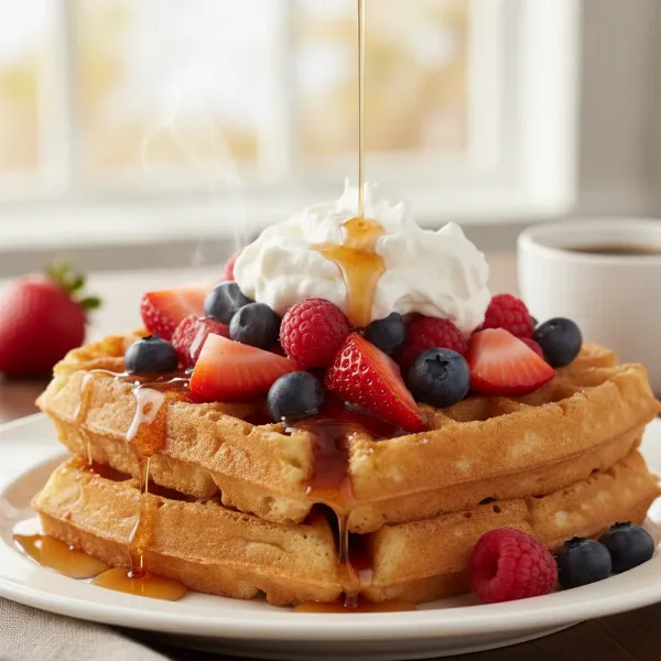 Plate of golden Belgian waffles with fresh berries, whipped cream, and syrup, ready to eat.