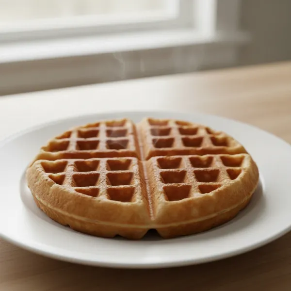 A freshly made, golden-brown 5-inch waffle, ready to be served, on a white plate.