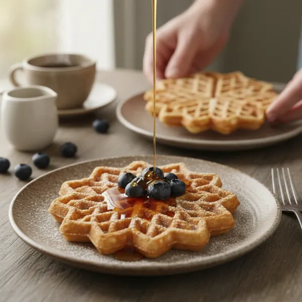 Beautifully cooked golden-brown snowflake waffles with fruit and powdered sugar for breakfast.