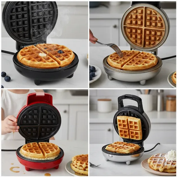 Various types of waffle makers including Belgian, classic, mini, and rotating models