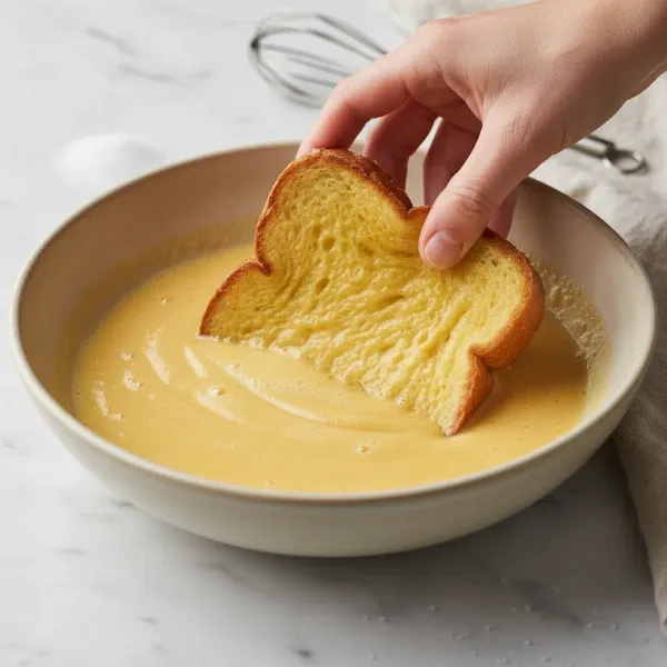 hands dipping a thick slice of bread into a shallow bowl of french toast batter