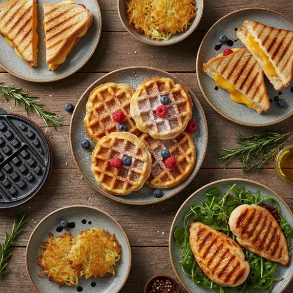 A collection of diverse dishes made using a multi-functional waffle maker, including waffles, paninis, and grilled chicken.