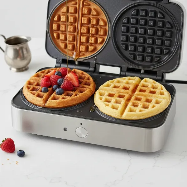 Double waffle maker showcasing different waffle styles and operational designs for breakfast.