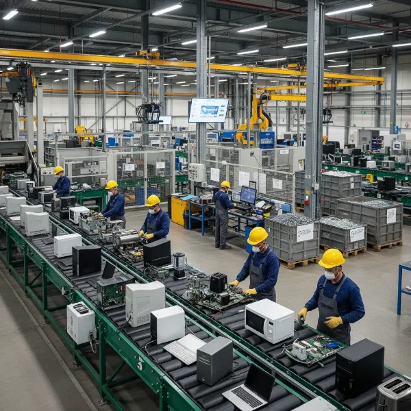 Image of an e-waste recycling facility with various electronic appliances being processed.
