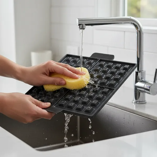Hand washing removable waffle maker plate with sponge.