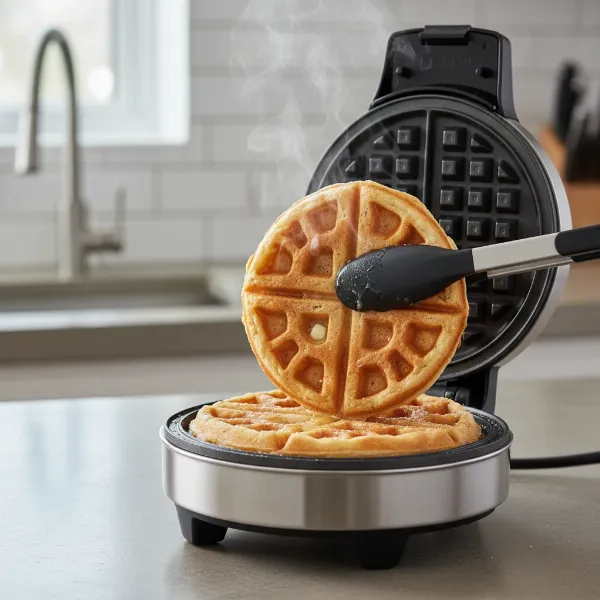An electric stuffed waffle maker creating a thick, round Belgian-style waffle.