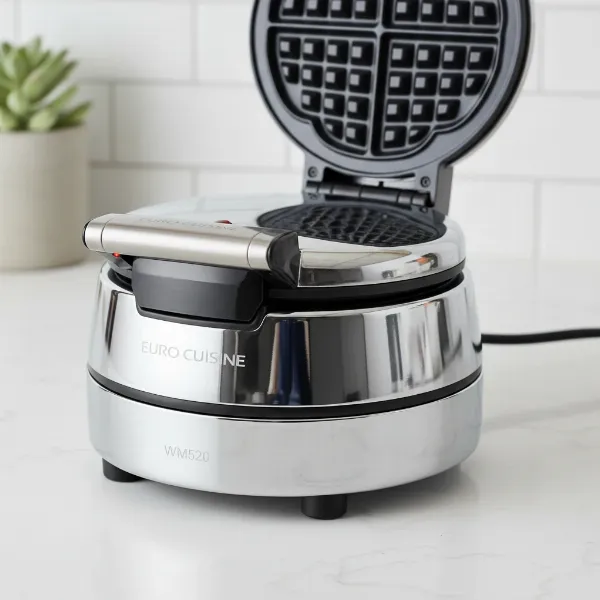 Euro Cuisine WM520 heart-shaped waffle maker on a kitchen counter, showing its chrome exterior.
