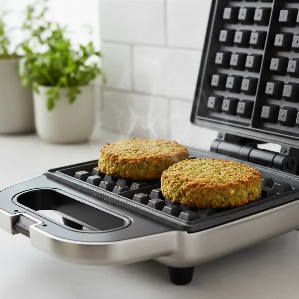 Falafel waffles cooking in a hot waffle maker, turning golden brown and crispy.
