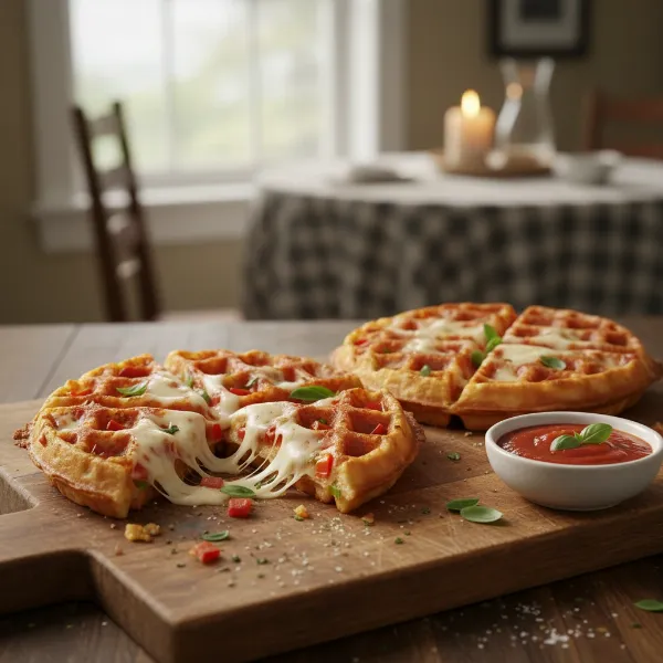 freshly cooked pizza waffle cut into wedges, served with marinara dipping sauce