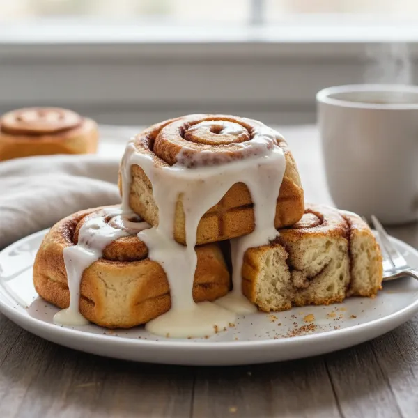 Freshly cooked waffle maker cinnamon rolls drizzled with white icing on a plate.