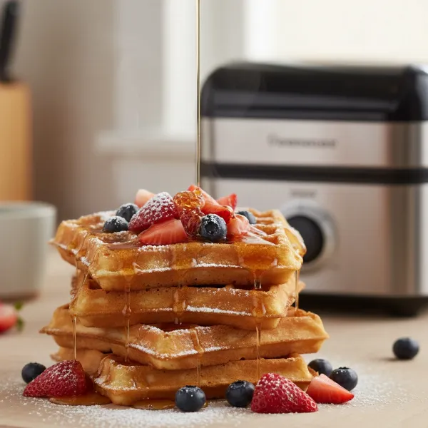 A stack of golden-brown, crispy waffles with syrup and fruit, ready for a family breakfast.